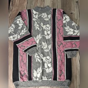 JC & Louis  vintage pink and gray floral oversized mock neck knitted sweater